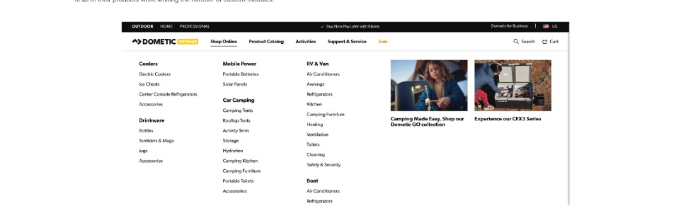 Dometic Outdoor website navigation showing product categories from coolers to RV and van