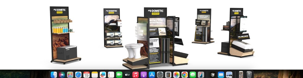 Five Dometic Outdoor retail display configurations showing modular product merchandising